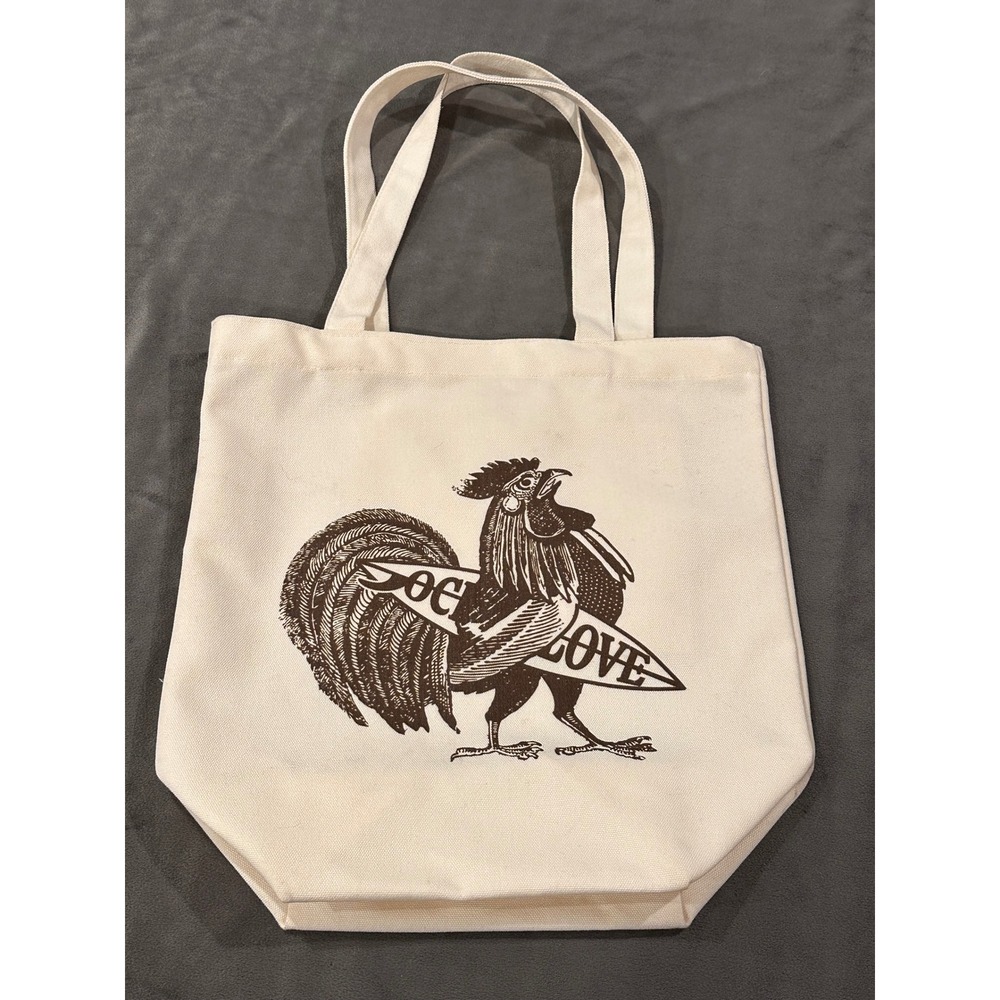 Kaialoha Hawaii Canvas Tote Bag Rooster Surfboard Ocean Love Cream Cotton